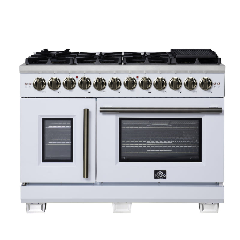 Forno Capriasca 48" 6.58 cu. ft. Dual Fuel Range with 8 Brass Burners, Air Fryer Kit, Rotisserie Kit, Wok Support & Griddle in White with Antique Brass Handles, FFSGS6387-48WHT