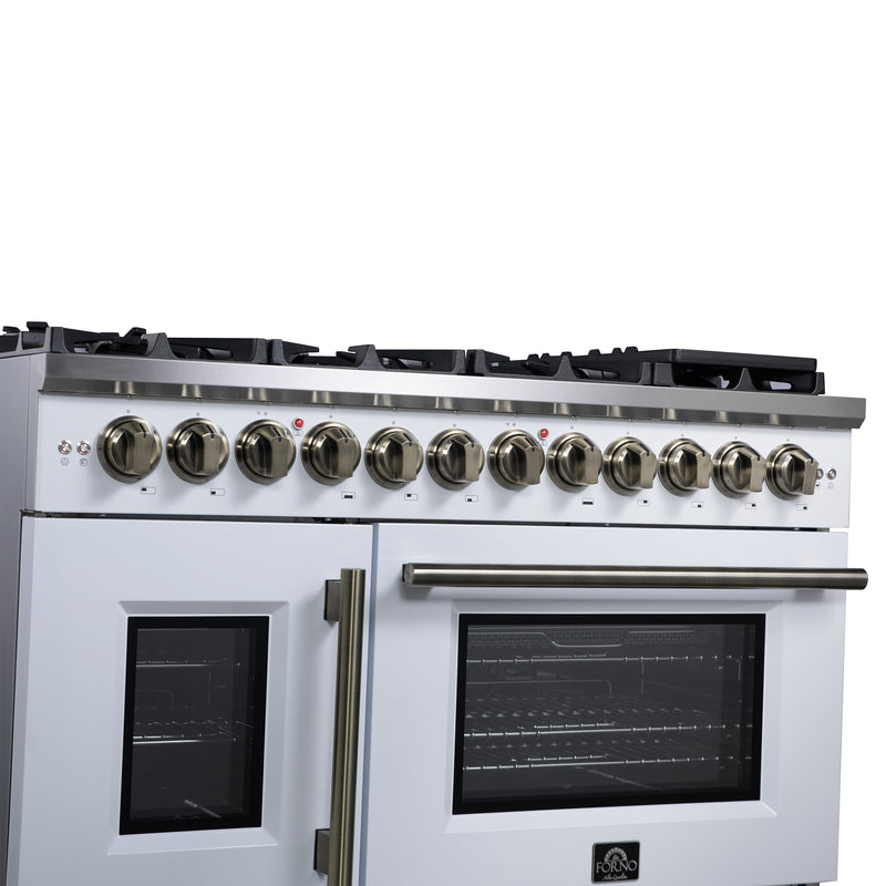 Forno Capriasca 48" 6.58 cu. ft. Dual Fuel Range with 8 Brass Burners, Air Fryer Kit, Rotisserie Kit, Wok Support & Griddle in White with Antique Brass Handles, FFSGS6387-48WHT