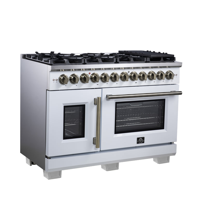 Forno Capriasca 48" 6.58 cu. ft. Dual Fuel Range with 8 Brass Burners, Air Fryer Kit, Rotisserie Kit, Wok Support & Griddle in White with Antique Brass Handles, FFSGS6387-48WHT