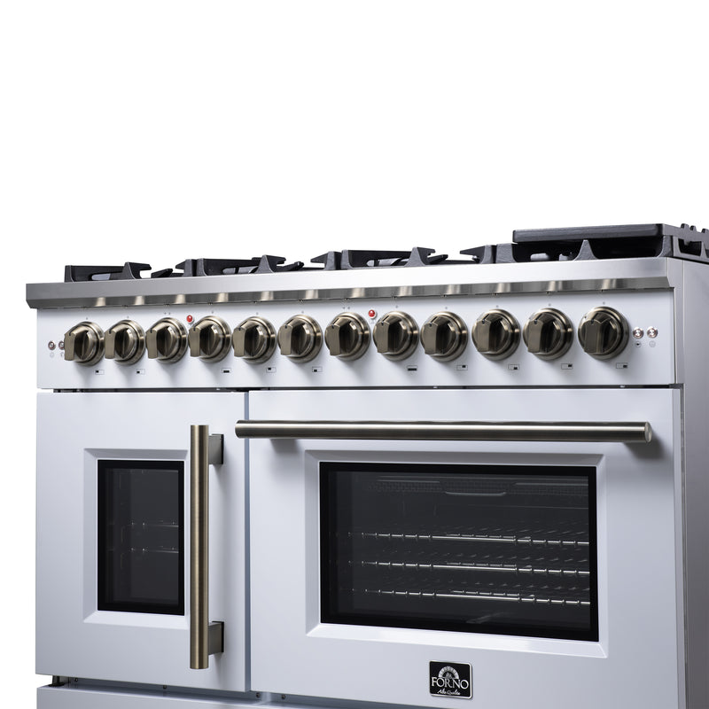 Forno Capriasca 48" 6.58 cu. ft. Dual Fuel Range with 8 Brass Burners, Air Fryer Kit, Rotisserie Kit, Wok Support & Griddle in White with Antique Brass Handles, FFSGS6387-48WHT