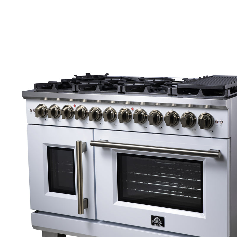 Forno Capriasca 48" 6.58 cu. ft. Dual Fuel Range with 8 Brass Burners, Air Fryer Kit, Rotisserie Kit, Wok Support & Griddle in White with Antique Brass Handles, FFSGS6387-48WHT
