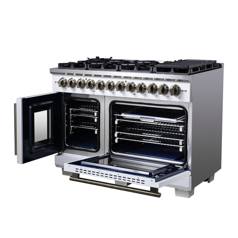 Forno Capriasca 48" 6.58 cu. ft. Dual Fuel Range with 8 Brass Burners, Air Fryer Kit, Rotisserie Kit, Wok Support & Griddle in White with Antique Brass Handles, FFSGS6387-48WHT