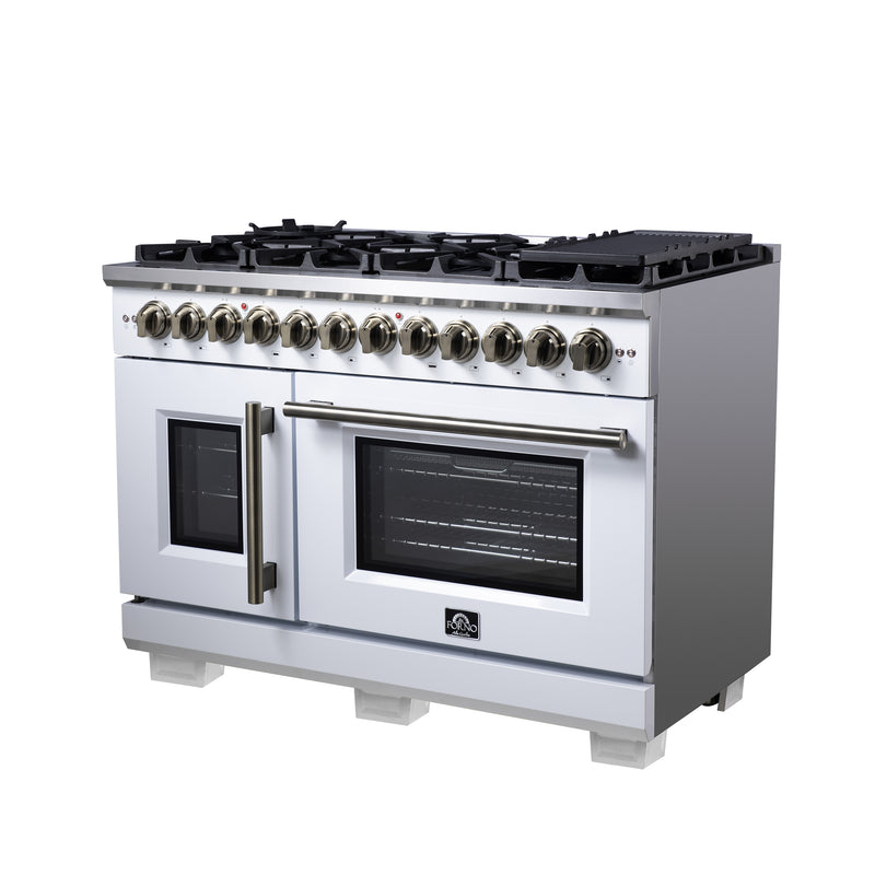 Forno Capriasca 48" 6.58 cu. ft. Dual Fuel Range with 8 Brass Burners, Air Fryer Kit, Rotisserie Kit, Wok Support & Griddle in White with Antique Brass Handles, FFSGS6387-48WHT