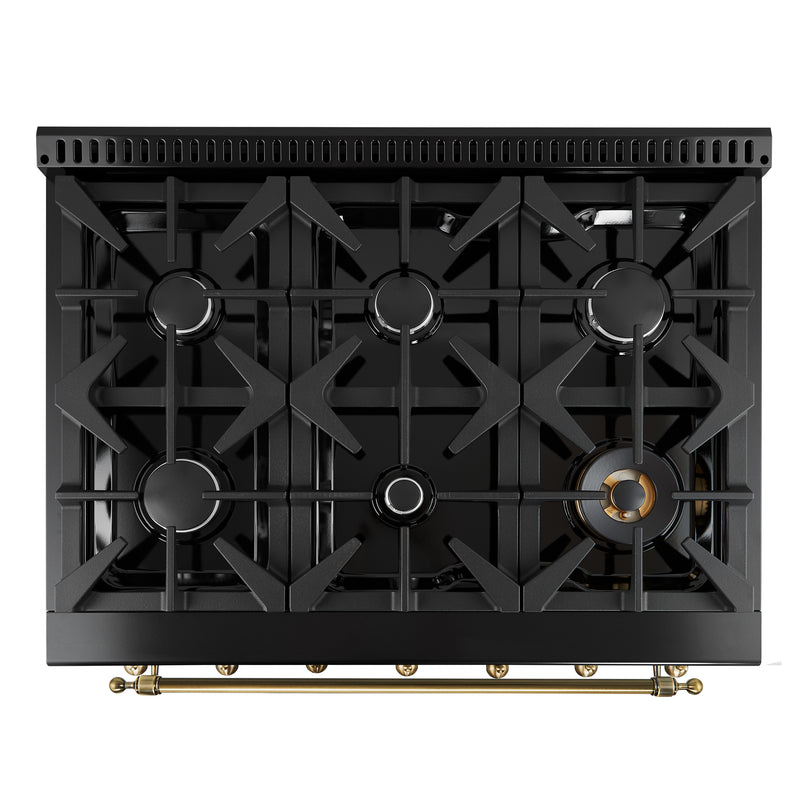 Forno Antico 36" Freestanding Dual Fuel Range in Black, 6 Burners, Brass Burners, with Antique Brass Handles, FFSGS6113-36BLK