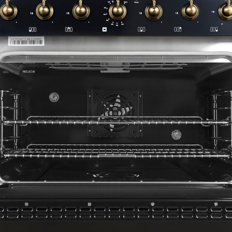 Forno Antico 36" Freestanding Dual Fuel Range in Black, 6 Burners, Brass Burners, with Antique Brass Handles, FFSGS6113-36BLK