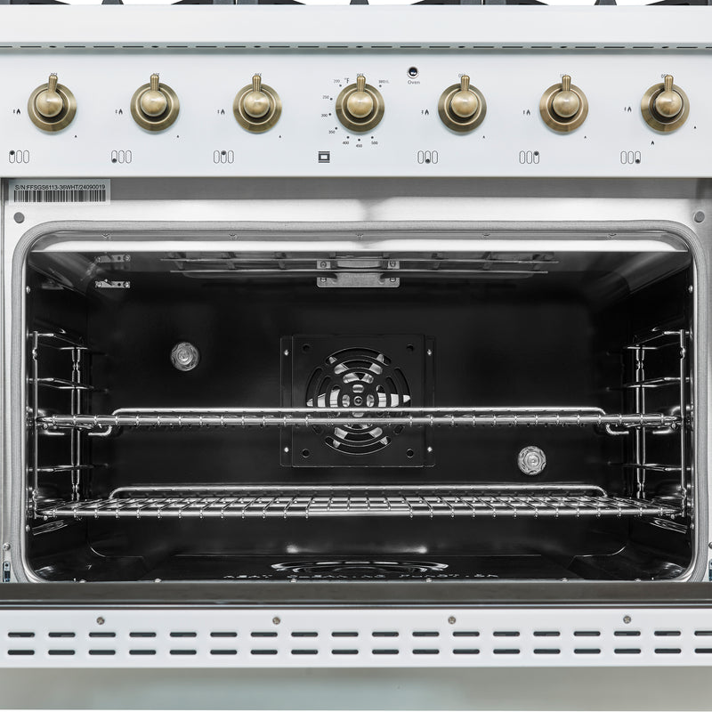 Forno Antico 36" Freestanding Dual Fuel Range in White, Brass Burners, 6 Burners, with Antique Brass Handles, FFSGS6113-36WHT