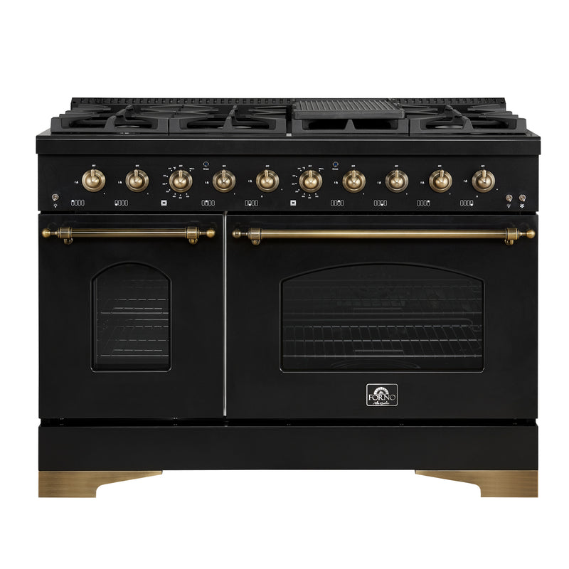 Forno Antico 48" Freestanding Dual Fuel Range in Black, Double Oven, 8 Burners, with Antique Brass Handles, FFSGS6113-48BLK