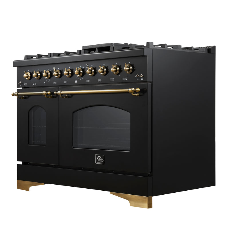 Forno Antico 48" Freestanding Dual Fuel Range in Black, Double Oven, 8 Burners, with Antique Brass Handles, FFSGS6113-48BLK