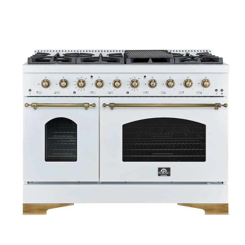 Forno Antico 48" Freestanding Dual Fuel Range in White, 8 Sealed Burners, Double Oven, Griddle, with Antique Brass Accents, FFSGS6113-48WHT