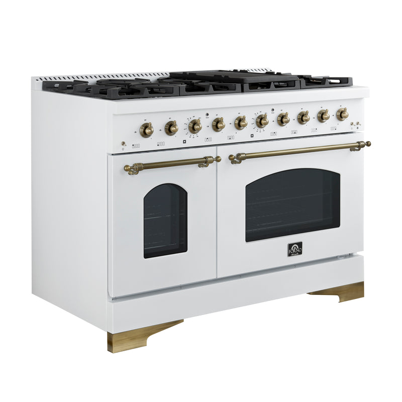 Forno Antico 48" Freestanding Dual Fuel Range in White, 8 Sealed Burners, Double Oven, Griddle, with Antique Brass Accents, FFSGS6113-48WHT