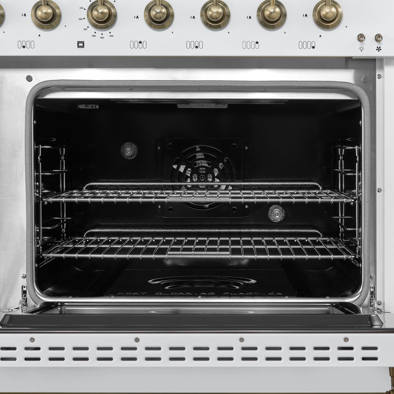 Forno Antico 48" Freestanding Dual Fuel Range in White, 8 Sealed Burners, Double Oven, Griddle, with Antique Brass Accents, FFSGS6113-48WHT