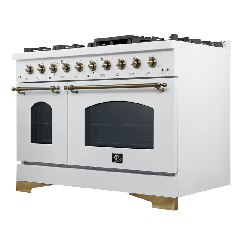 Forno Antico 48" Freestanding Dual Fuel Range in White, 8 Sealed Burners, Double Oven, Griddle, with Antique Brass Accents, FFSGS6113-48WHT