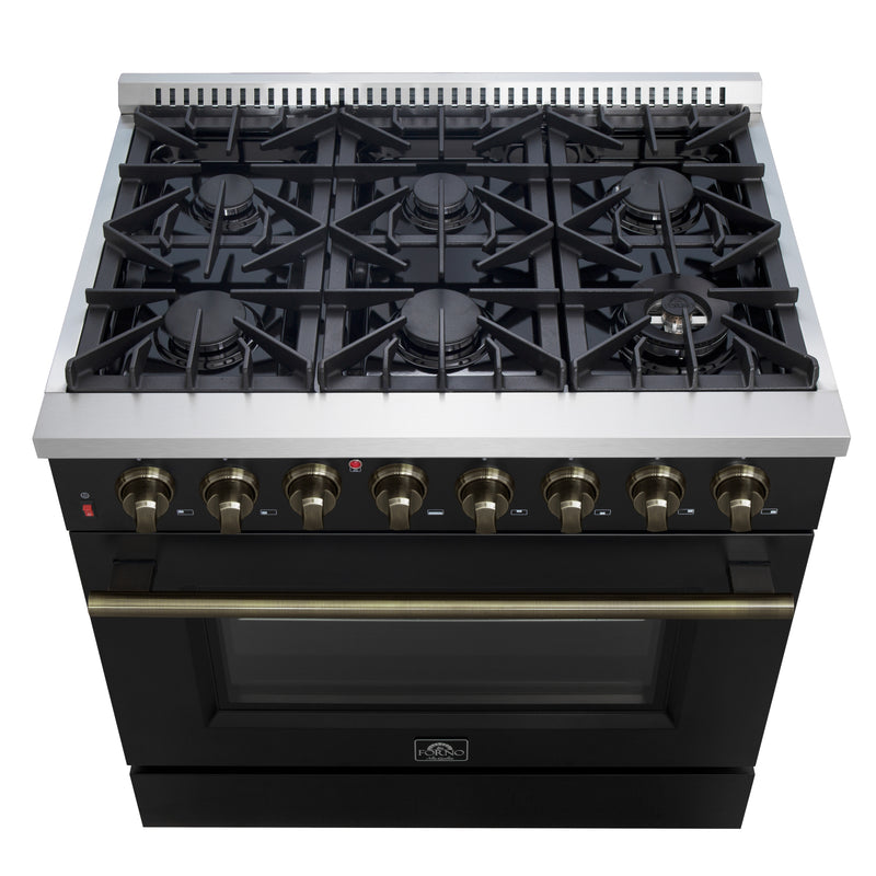 Forno Galiano 36" Freestanding Dual Fuel Range in Black, 6 Sealed Burners, True Convection, with Antique Brass Handles, FFSGS6156-36BLK