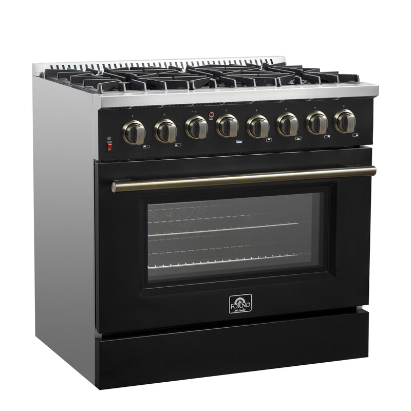 Forno Galiano 36" Freestanding Dual Fuel Range in Black, 6 Sealed Burners, True Convection, with Antique Brass Handles, FFSGS6156-36BLK