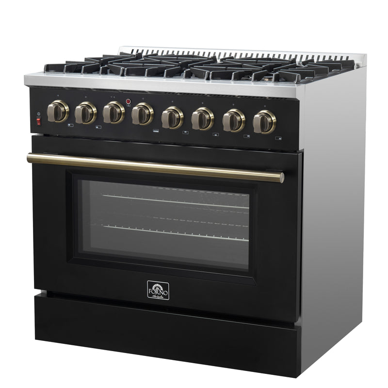 Forno Galiano 36" Freestanding Dual Fuel Range in Black, 6 Sealed Burners, True Convection, with Antique Brass Handles, FFSGS6156-36BLK