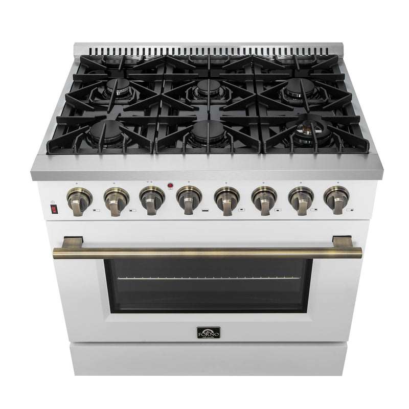 Forno Galiano 36" Freestanding Dual Fuel Range in White, True Convection, 6 Burners, with Antique Brass Handles, FFSGS6156-36WHT