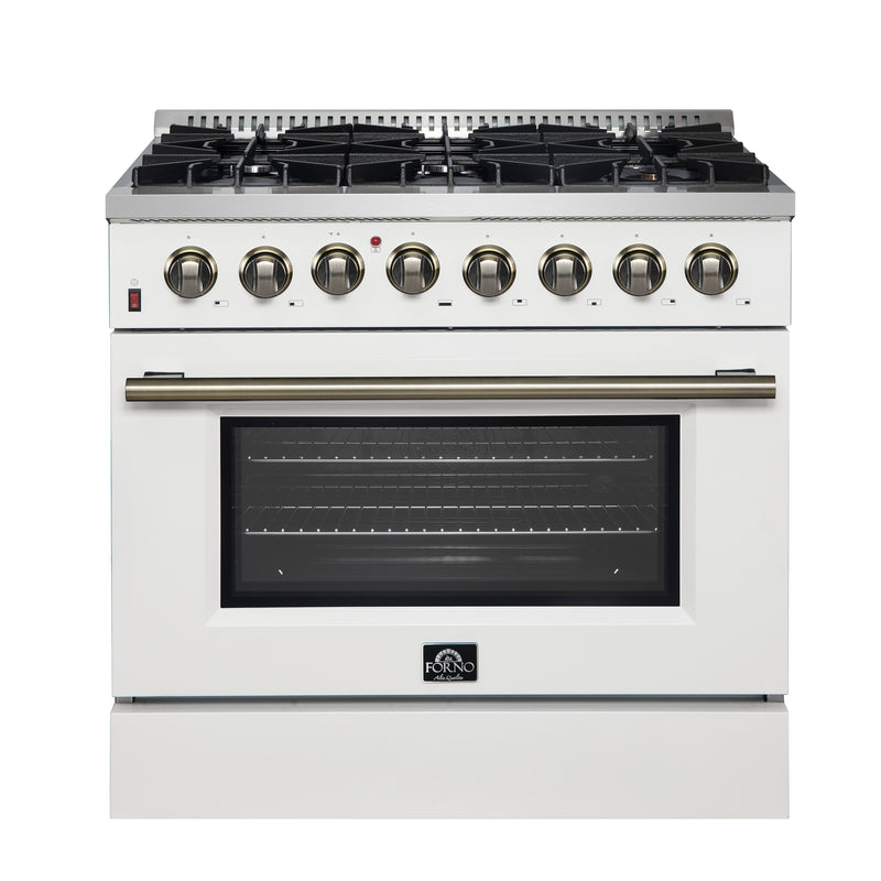 Forno Galiano 36" Freestanding Dual Fuel Range in White, True Convection, 6 Burners, with Antique Brass Handles, FFSGS6156-36WHT