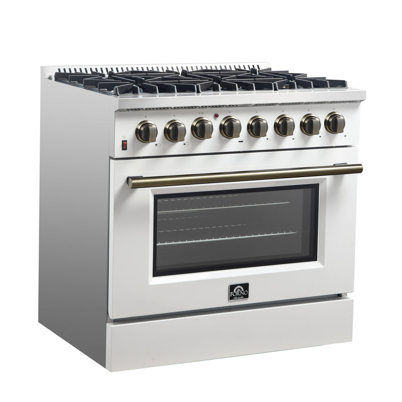 Forno Galiano 36" Freestanding Dual Fuel Range in White, True Convection, 6 Burners, with Antique Brass Handles, FFSGS6156-36WHT