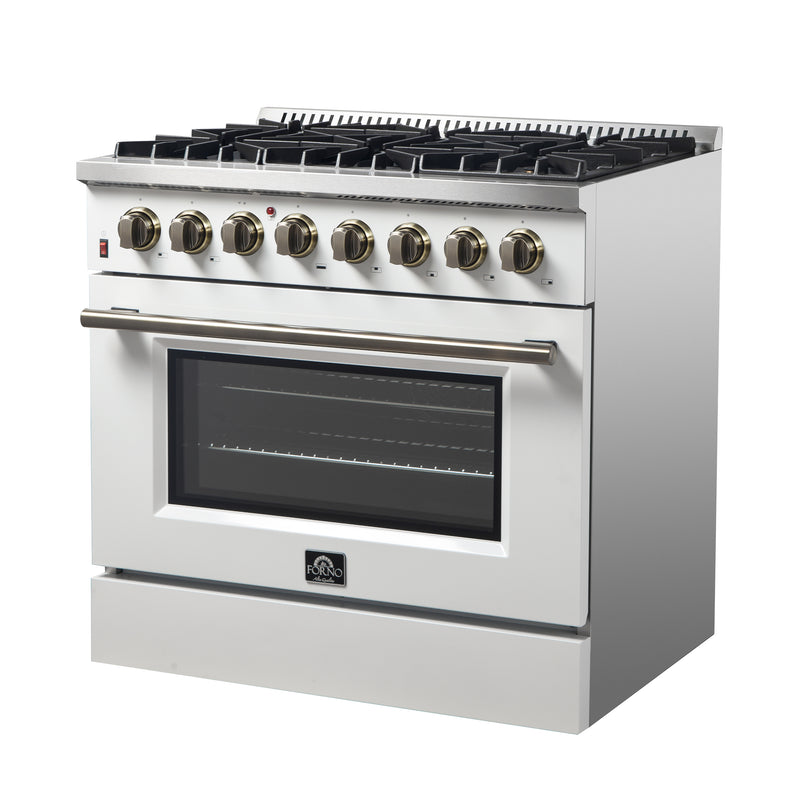 Forno Galiano 36" Freestanding Dual Fuel Range in White, True Convection, 6 Burners, with Antique Brass Handles, FFSGS6156-36WHT