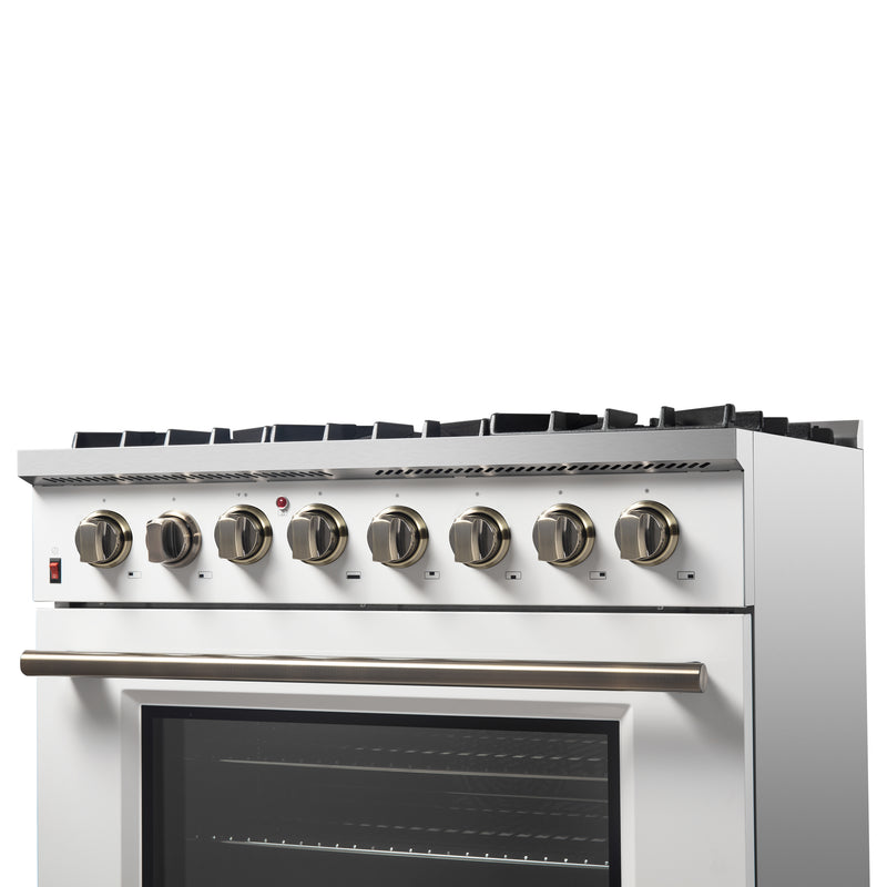 Forno Galiano 36" Freestanding Dual Fuel Range in White, True Convection, 6 Burners, with Antique Brass Handles, FFSGS6156-36WHT