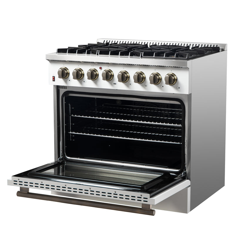 Forno Galiano 36" Freestanding Dual Fuel Range in White, True Convection, 6 Burners, with Antique Brass Handles, FFSGS6156-36WHT