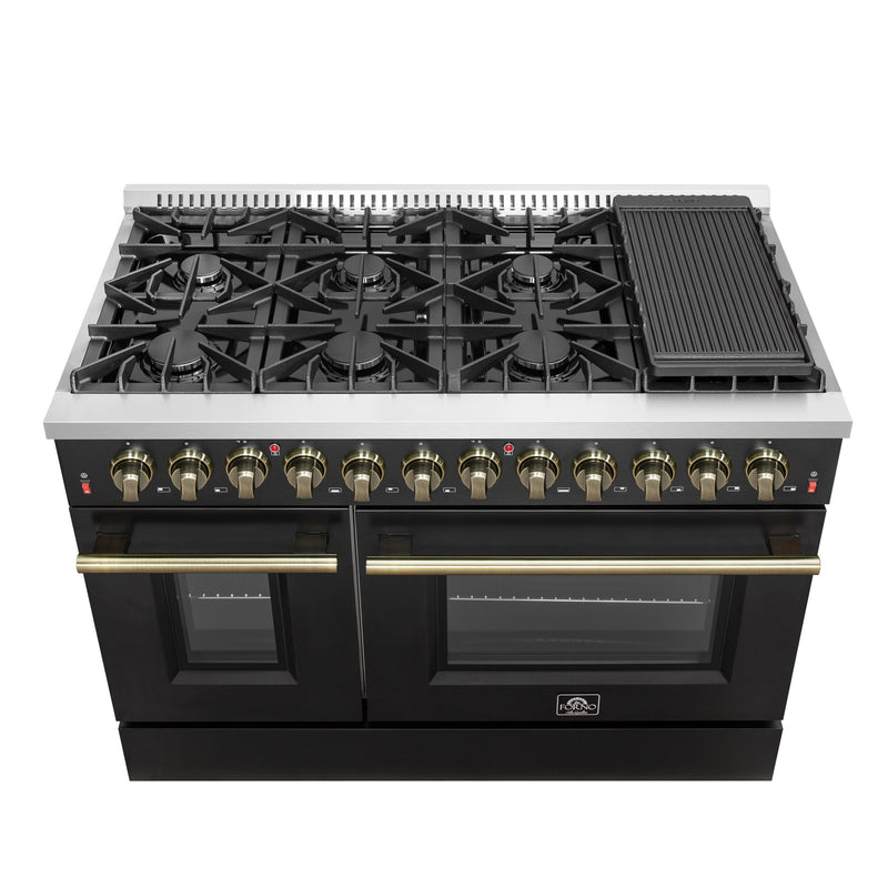 Forno Galiano 48" Freestanding Dual Fuel Range in Black, Double Oven, 8 Burners, with Antique Brass Handles, FFSGS6156-48BLK