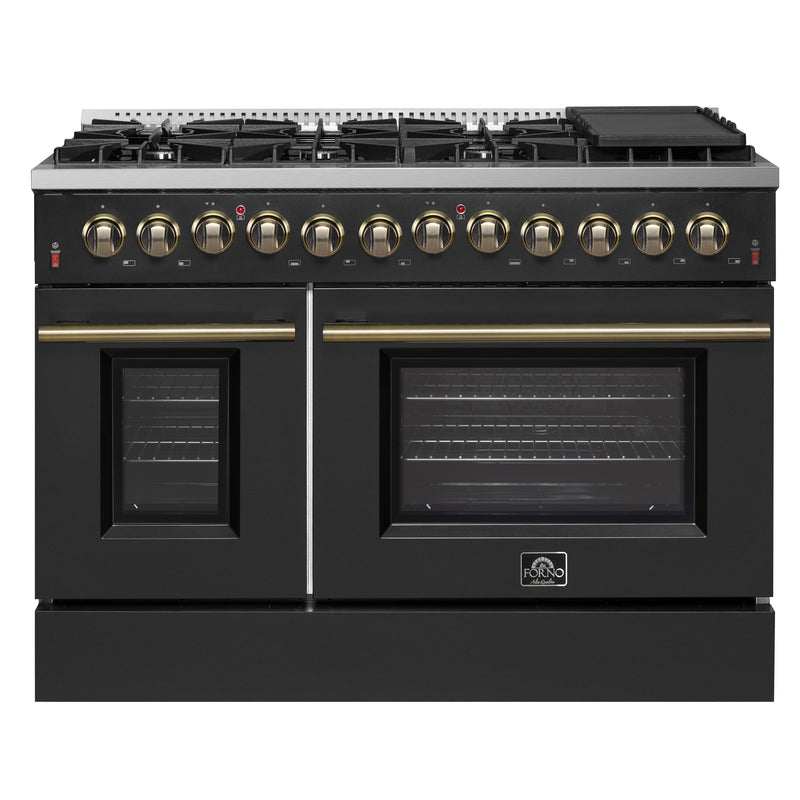 Forno Galiano 48" Freestanding Dual Fuel Range in Black, Double Oven, 8 Burners, with Antique Brass Handles, FFSGS6156-48BLK