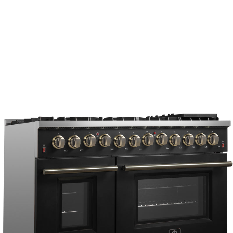 Forno Galiano 48" Freestanding Dual Fuel Range in Black, Double Oven, 8 Burners, with Antique Brass Handles, FFSGS6156-48BLK