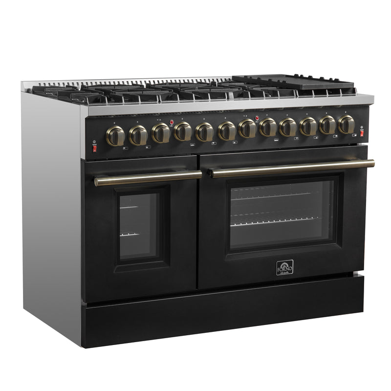 Forno Galiano 48" Freestanding Dual Fuel Range in Black, Double Oven, 8 Burners, with Antique Brass Handles, FFSGS6156-48BLK