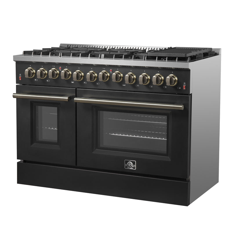 Forno Galiano 48" Freestanding Dual Fuel Range in Black, Double Oven, 8 Burners, with Antique Brass Handles, FFSGS6156-48BLK