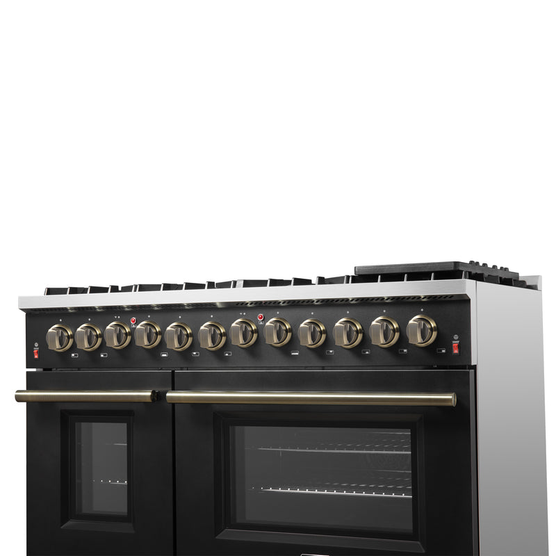 Forno Galiano 48" Freestanding Dual Fuel Range in Black, Double Oven, 8 Burners, with Antique Brass Handles, FFSGS6156-48BLK