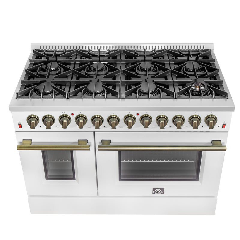 Forno Galiano 48" Freestanding Dual Fuel Range in White, Double Oven, 8 Burners, with Antique Brass Handles, FFSGS6156-48WHT