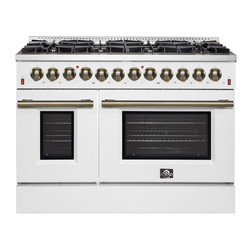 Forno Galiano 48" Freestanding Dual Fuel Range in White, Double Oven, 8 Burners, with Antique Brass Handles, FFSGS6156-48WHT