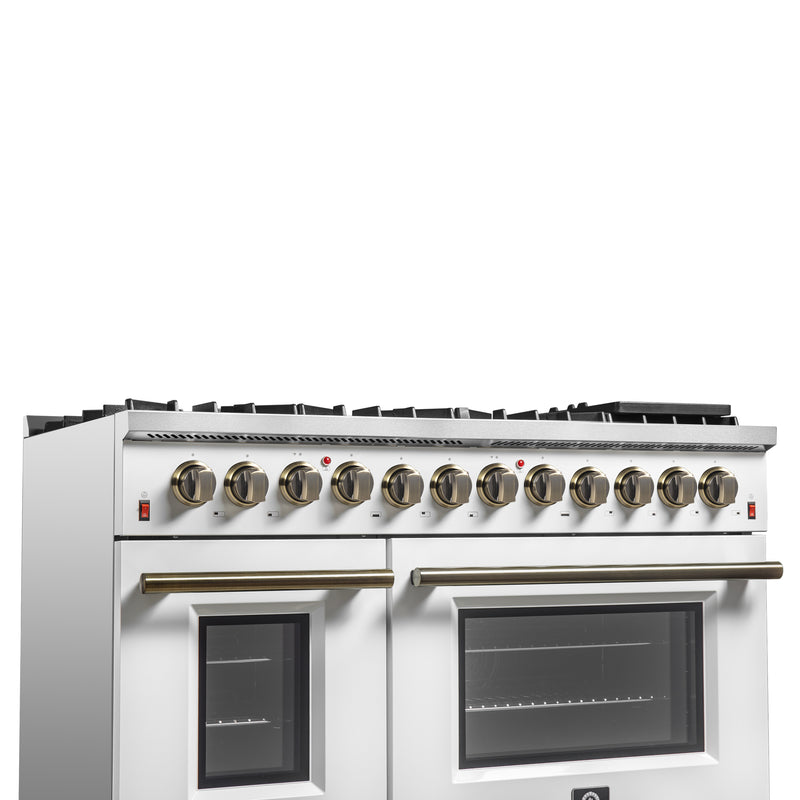 Forno Galiano 48" Freestanding Dual Fuel Range in White, Double Oven, 8 Burners, with Antique Brass Handles, FFSGS6156-48WHT