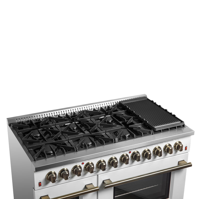 Forno Galiano 48" Freestanding Dual Fuel Range in White, Double Oven, 8 Burners, with Antique Brass Handles, FFSGS6156-48WHT