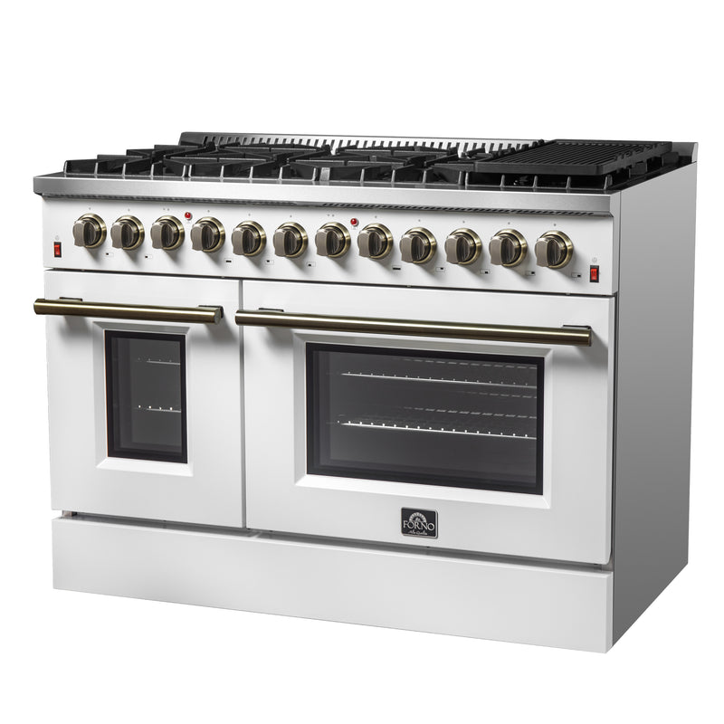 Forno Galiano 48" Freestanding Dual Fuel Range in White, Double Oven, 8 Burners, with Antique Brass Handles, FFSGS6156-48WHT