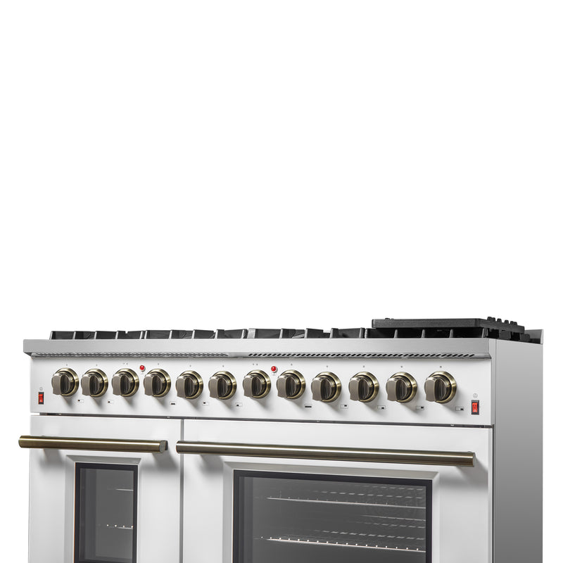 Forno Galiano 48" Freestanding Dual Fuel Range in White, Double Oven, 8 Burners, with Antique Brass Handles, FFSGS6156-48WHT