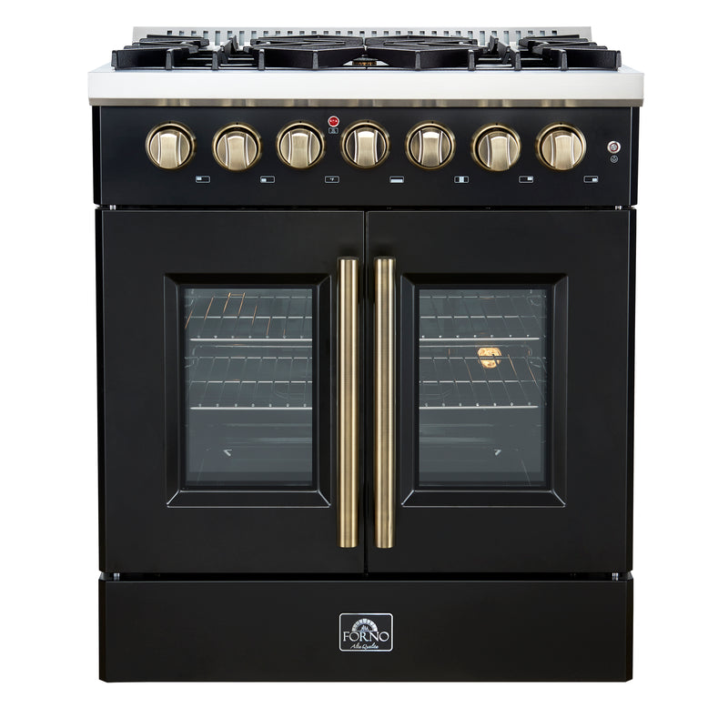 Forno Galiano 30" Freestanding French Door Dual Fuel Range in Black, True Convection, 5 Burners, with Antique Brass Handles, FFSGS6356-30BLK