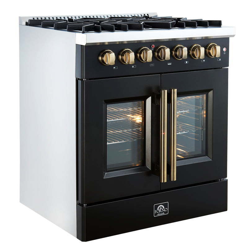Forno Galiano 30" Freestanding French Door Dual Fuel Range in Black, True Convection, 5 Burners, with Antique Brass Handles, FFSGS6356-30BLK