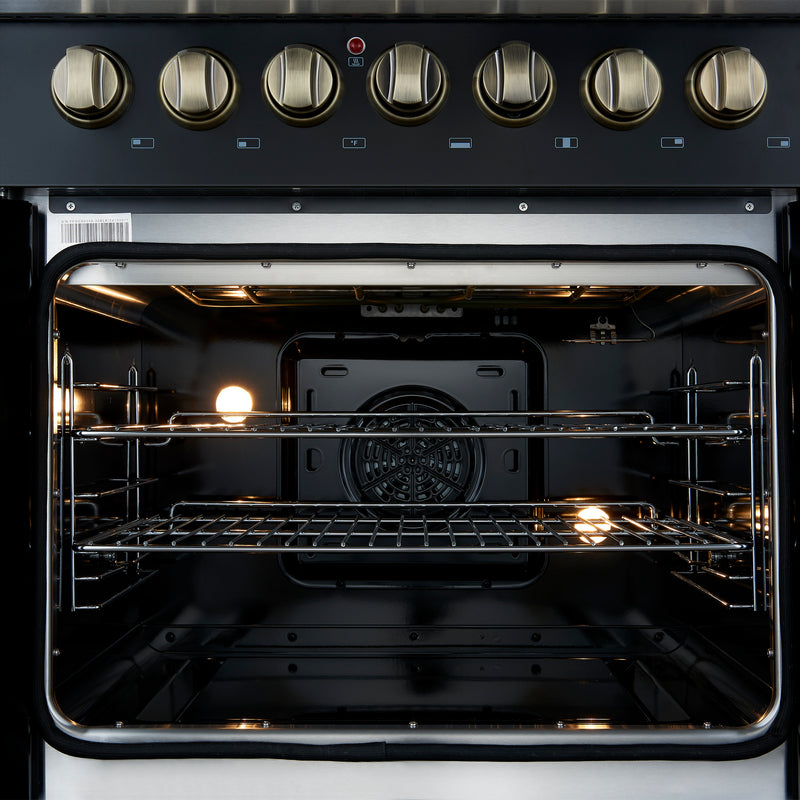 Forno Galiano 30" Freestanding French Door Dual Fuel Range in Black, True Convection, 5 Burners, with Antique Brass Handles, FFSGS6356-30BLK