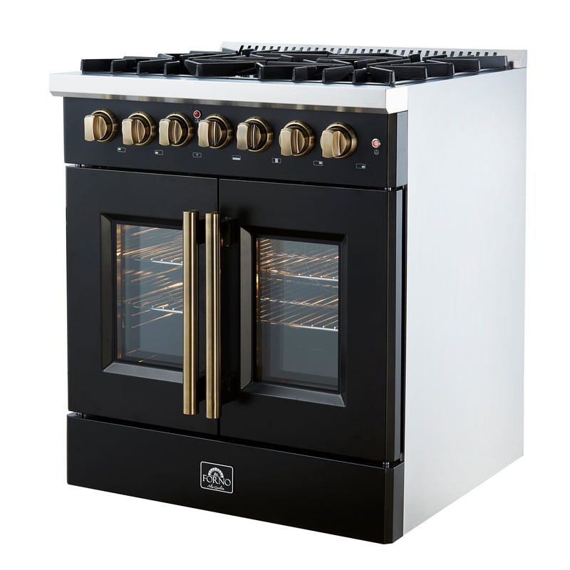 Forno Galiano 30" Freestanding French Door Dual Fuel Range in Black, True Convection, 5 Burners, with Antique Brass Handles, FFSGS6356-30BLK