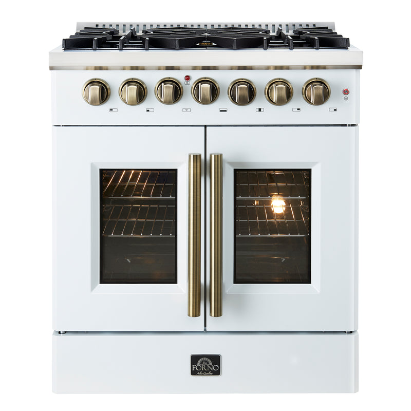 Forno Galiano 30" Freestanding French Door Dual Fuel Range in White, True Convection, 5 Burners, with Antique Brass Handles, FFSGS6356-30WHT