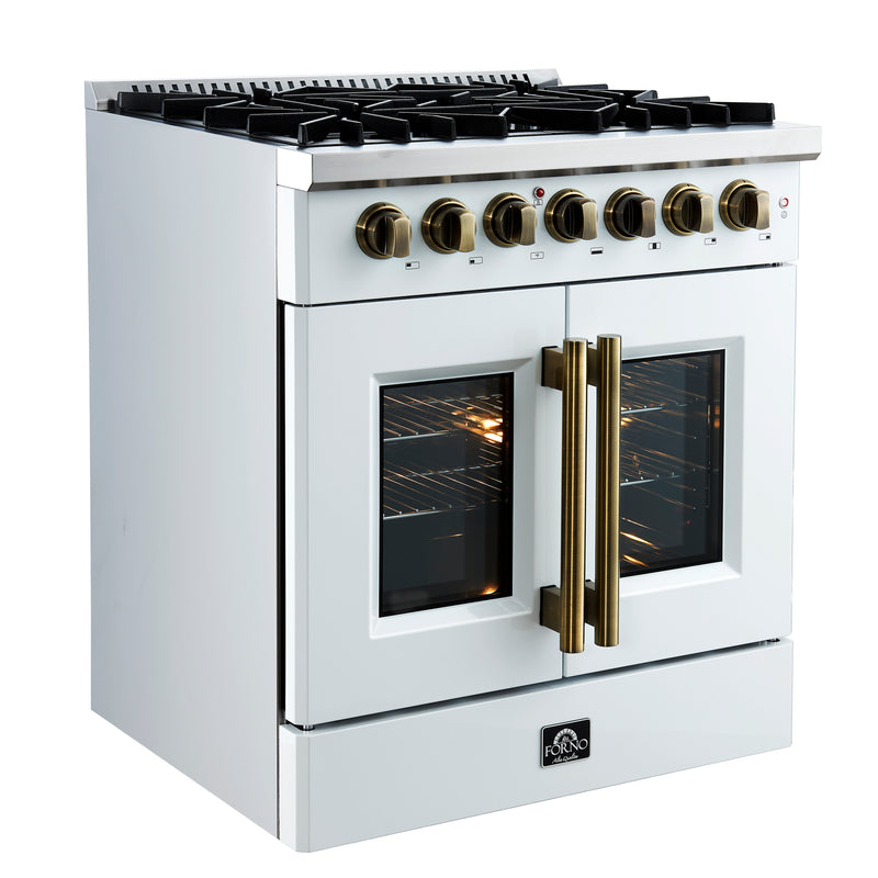 Forno Galiano 30" Freestanding French Door Dual Fuel Range in White, True Convection, 5 Burners, with Antique Brass Handles, FFSGS6356-30WHT