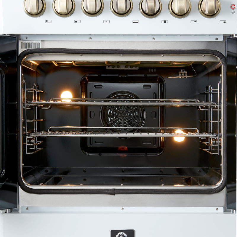 Forno Galiano 30" Freestanding French Door Dual Fuel Range in White, True Convection, 5 Burners, with Antique Brass Handles, FFSGS6356-30WHT