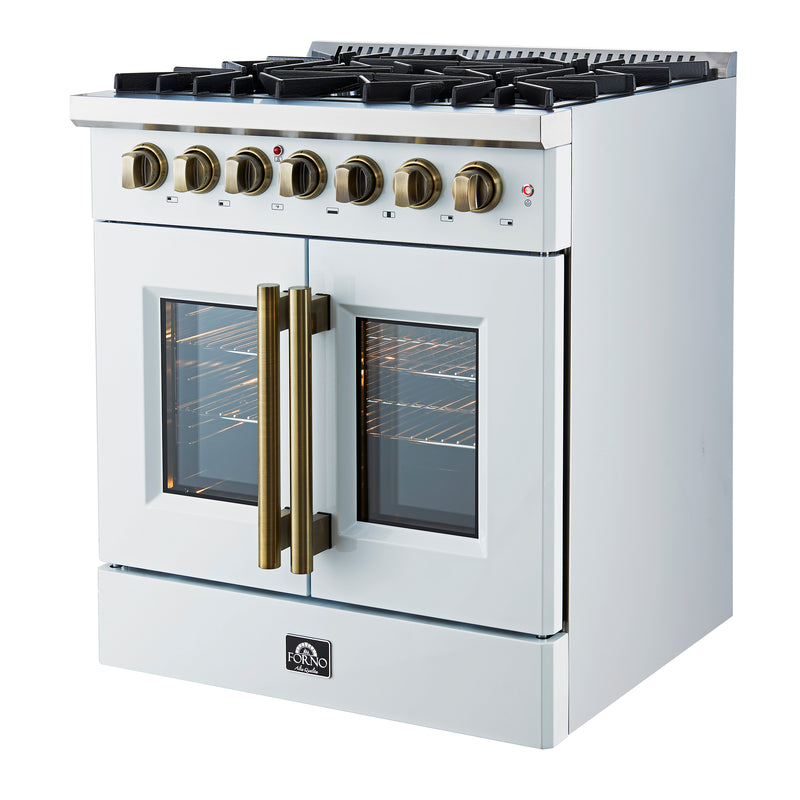 Forno Galiano 30" Freestanding French Door Dual Fuel Range in White, True Convection, 5 Burners, with Antique Brass Handles, FFSGS6356-30WHT