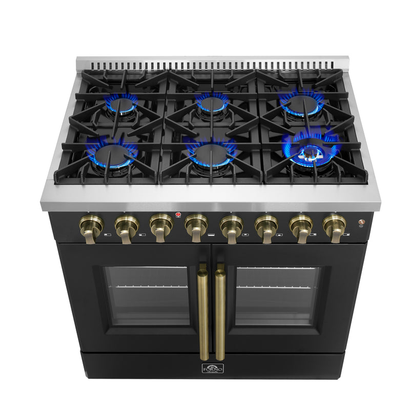 Forno Galiano 36" Freestanding French Door Dual Fuel Range in Black, 6 Burners, True Convection, with Antique Brass Handles, FFSGS6356-36BLK