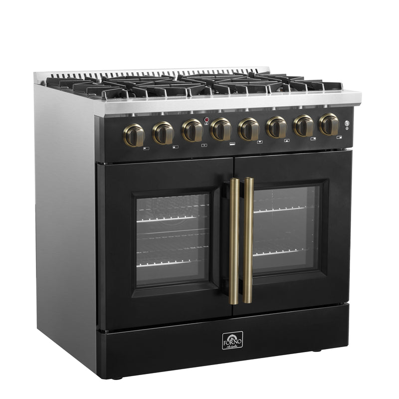 Forno Galiano 36" Freestanding French Door Dual Fuel Range in Black, 6 Burners, True Convection, with Antique Brass Handles, FFSGS6356-36BLK