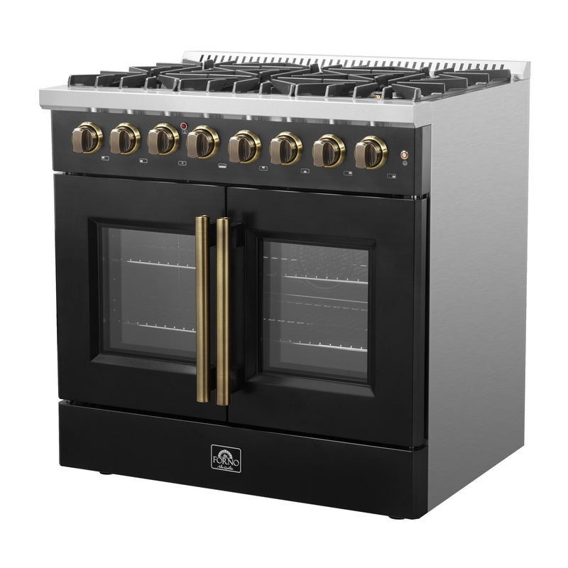 Forno Galiano 36" Freestanding French Door Dual Fuel Range in Black, 6 Burners, True Convection, with Antique Brass Handles, FFSGS6356-36BLK