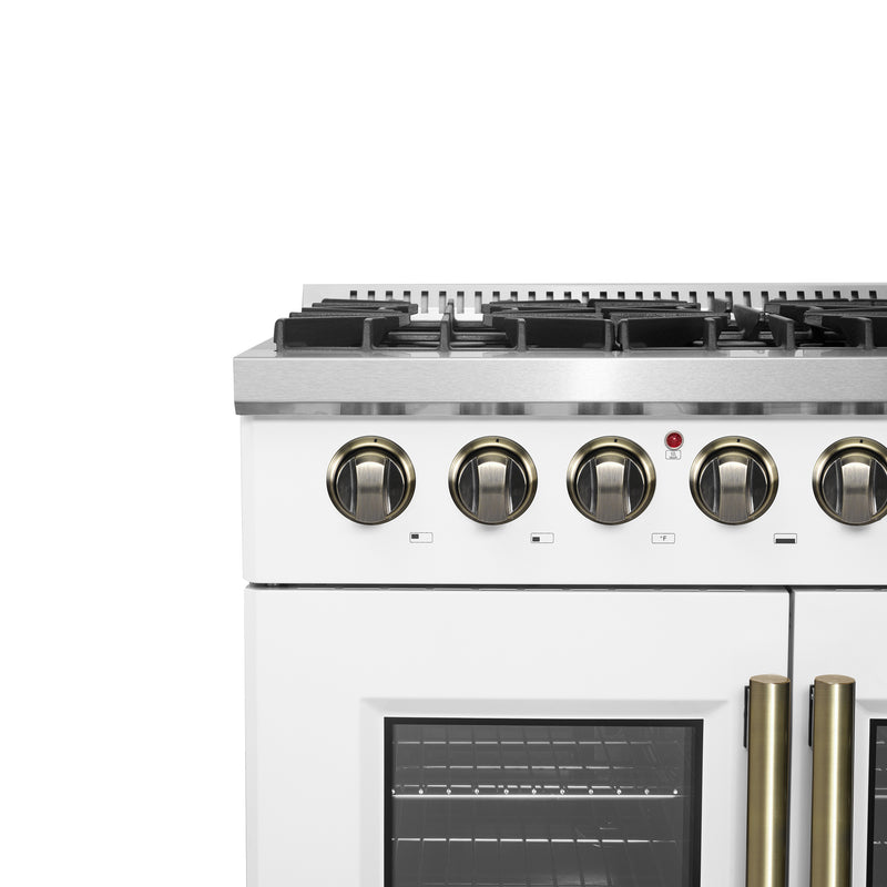 Forno Galiano 36" Freestanding French Door Dual Fuel Range in White, True Convection, 6 Burners, with Antique Brass Handles, FFSGS6356-36WHT