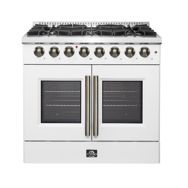 Forno Galiano 36" Freestanding French Door Dual Fuel Range in White, True Convection, 6 Burners, with Antique Brass Handles, FFSGS6356-36WHT
